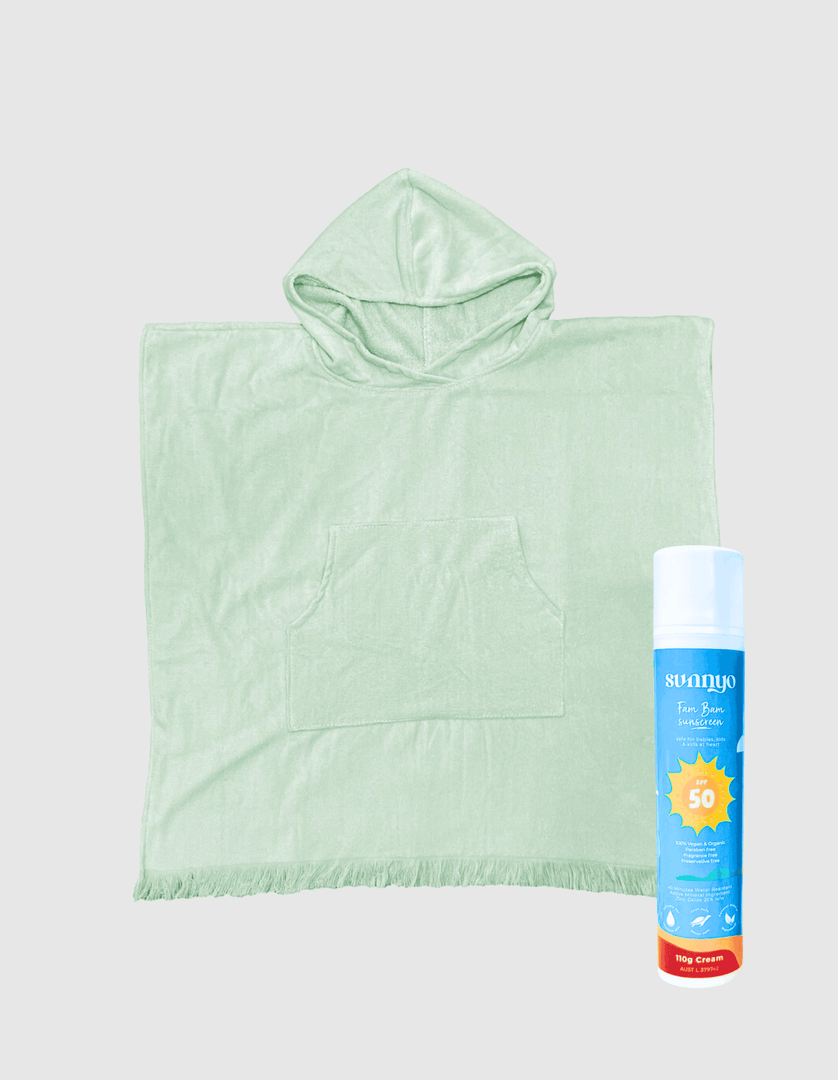 60x60cm Hooded Beach Towel in Green & Sunscreen Set 110g Set