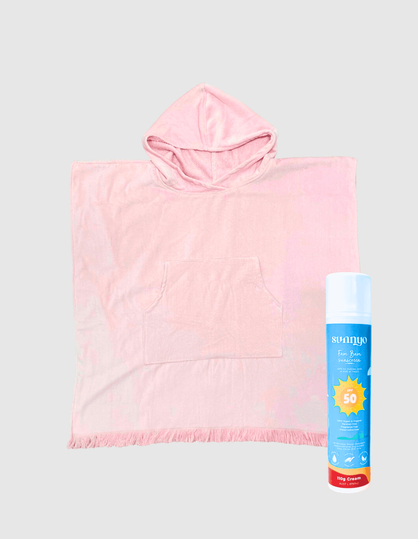 60x60cm Hooded Beach Towel in Pink & Sunscreen Set 110g Set